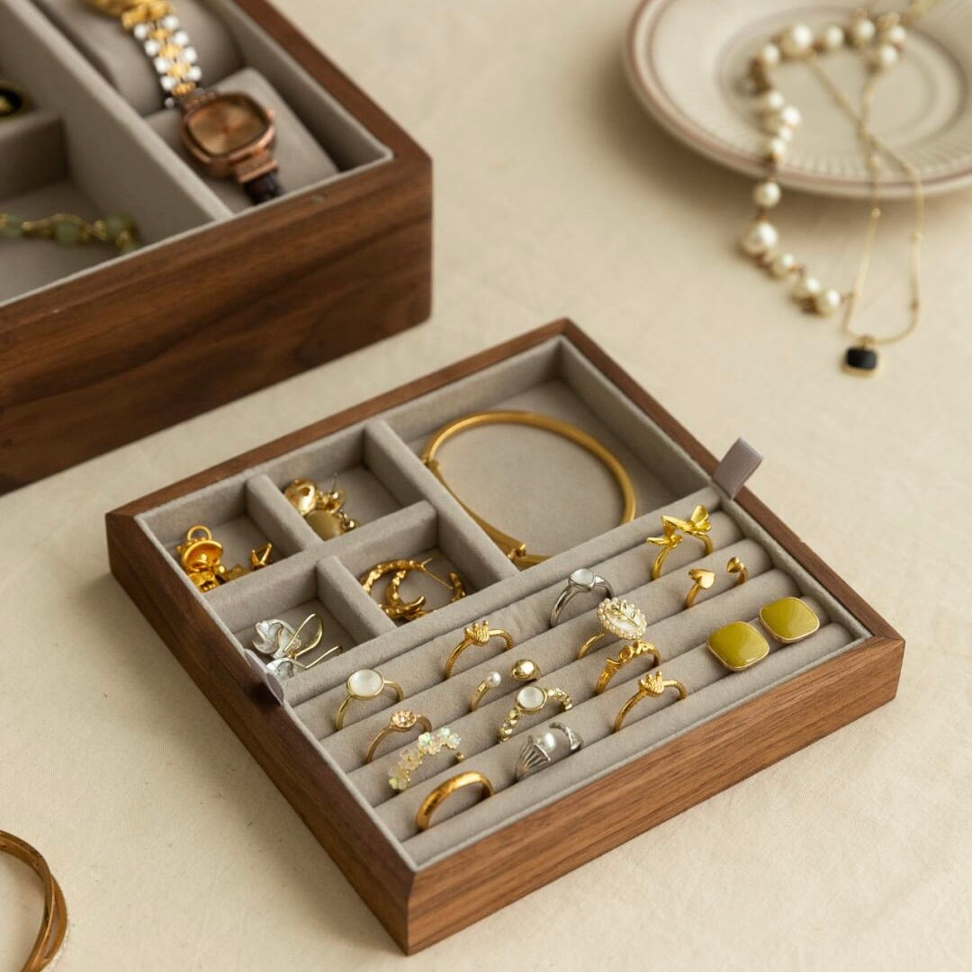 Handcrafted Walnut Brass Jewelry Organizer - Luxury Storage with Engraving Option and anti-tangle compartments