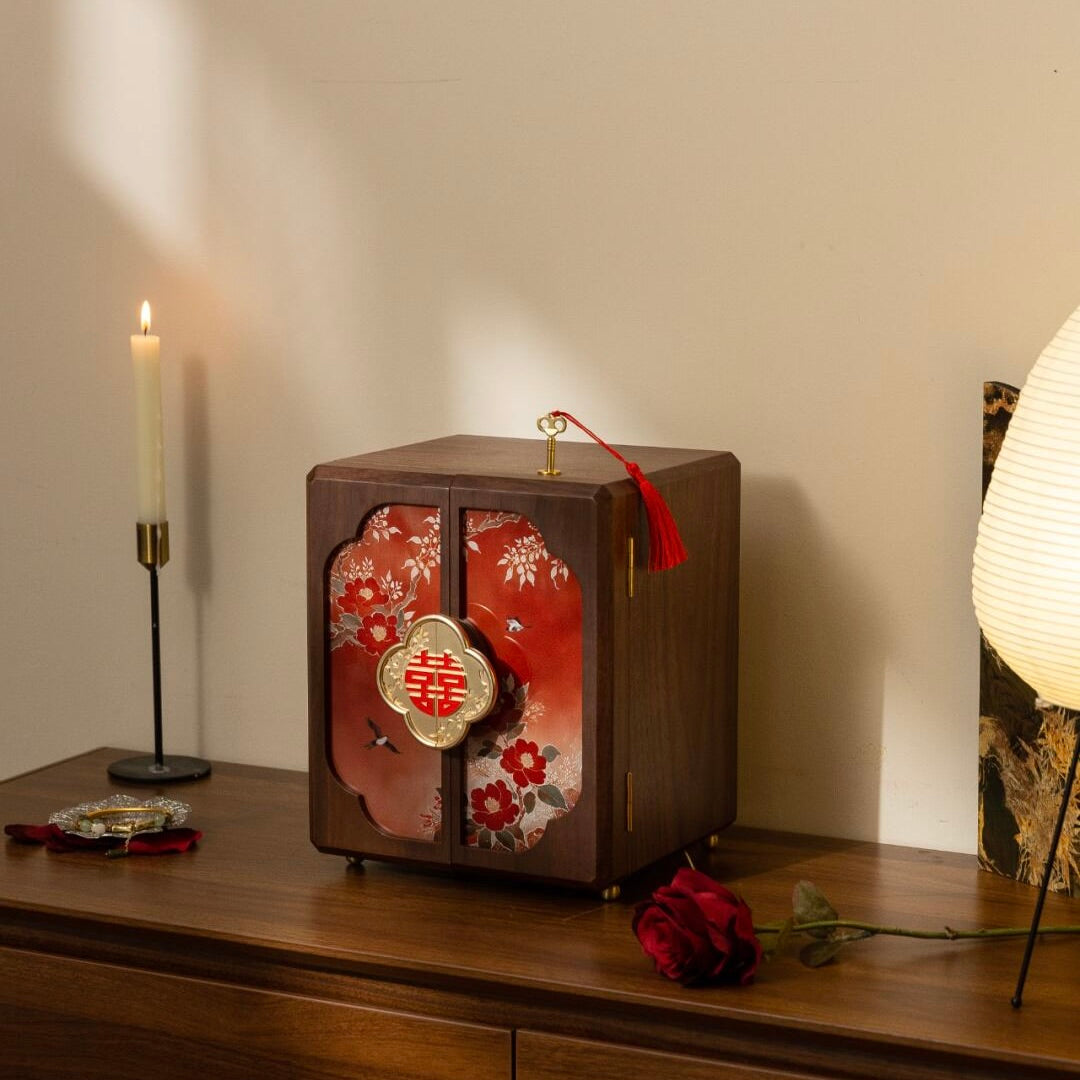Chinese Red Velvet Jewelry Box with Lucky Magpie Pattern - Traditional romance theme jewelry organizer with cultural significance