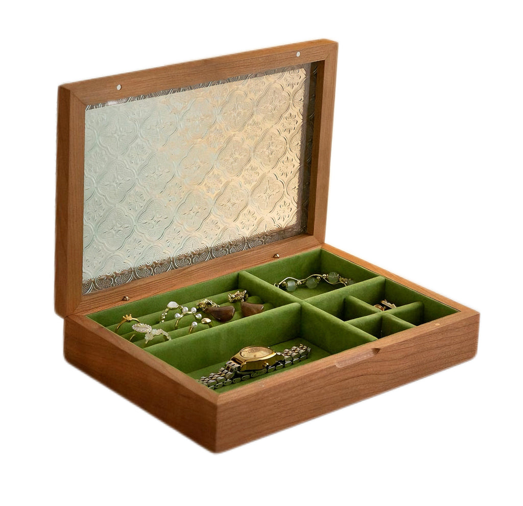 Handcrafted Cherry Wood Emerald Velvet Jewelry Box - Vintage Luxury Organizer with premium wood finish