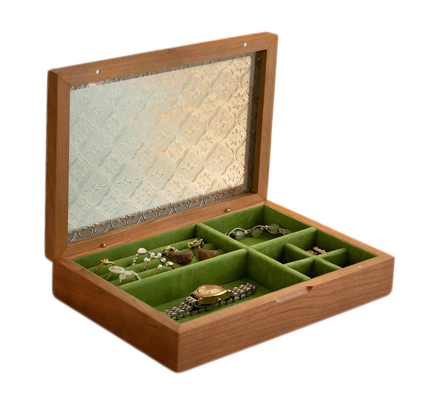 Handcrafted Cherry Wood Emerald Velvet Jewelry Box - Vintage Luxury Organizer with premium wood finish