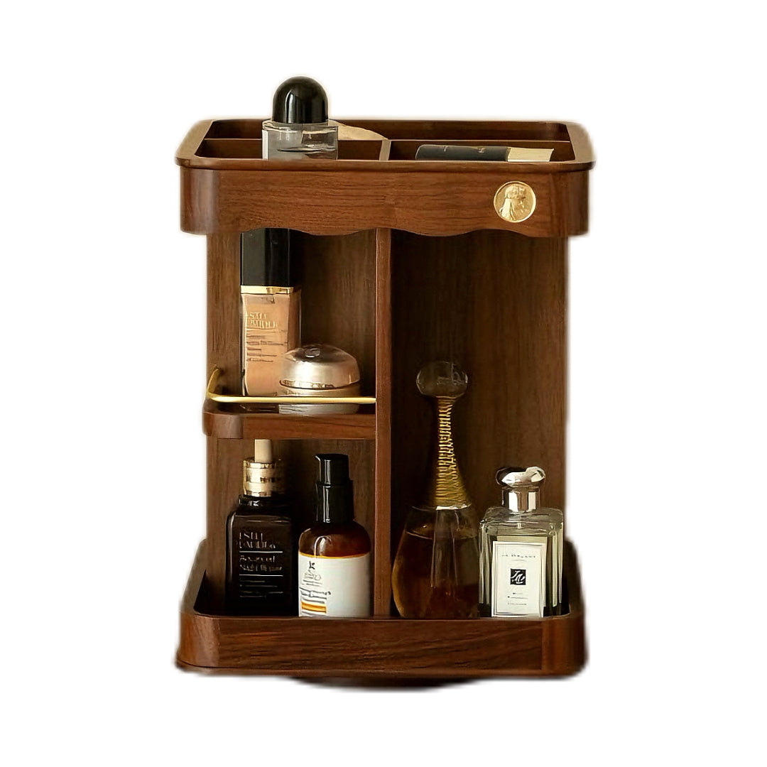 Space-Saving Rotating Cosmetic Rack - Eco-Friendly Walnut Organizer for Dorms with 360-degree rotation