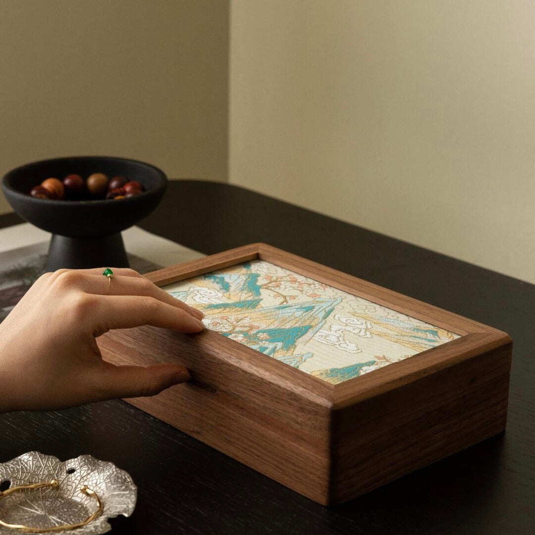 Hand-Embroidered Eastern Art Jewelry Box - Intricate traditional embroidery patterns on solid wood construction