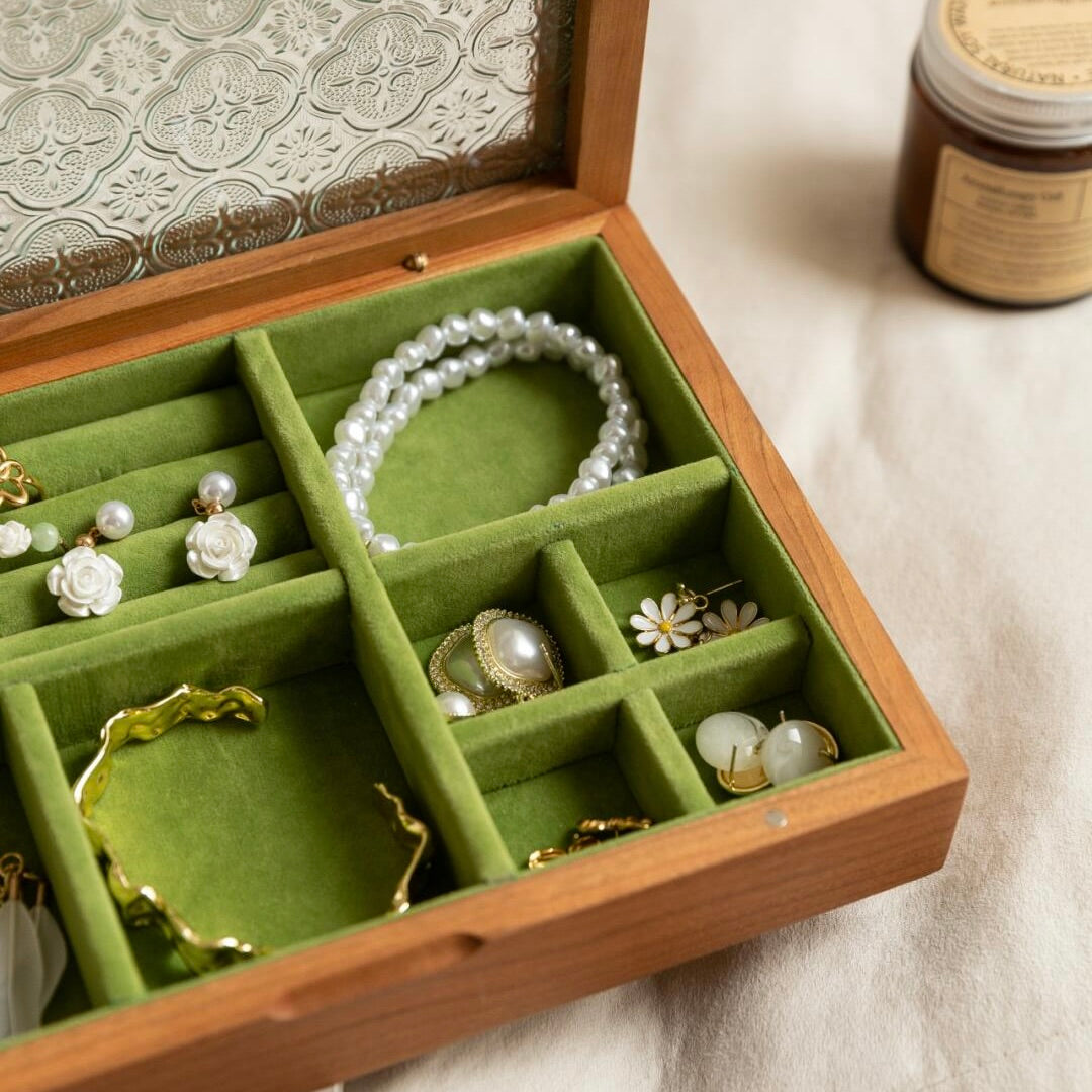 Premium Cherry Wood Jewelry Box with Emerald Velvet Interior - Handcrafted Design