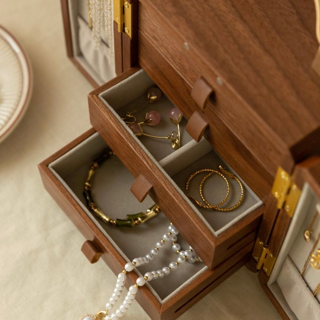 Portable Double-Door Jewelry Box - Solid Oak Construction - Travel Luxury with mirror and compartments