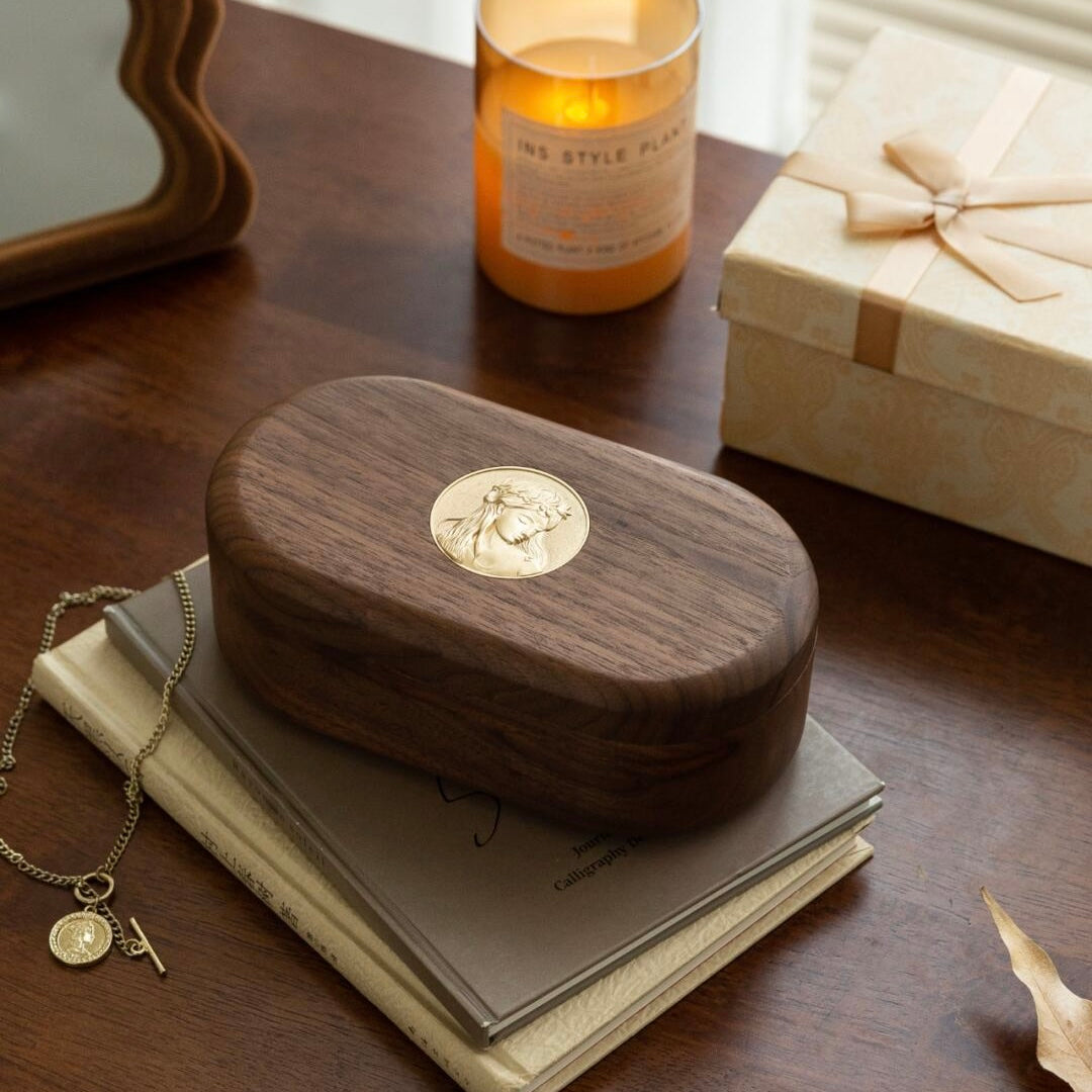Walnut Wood Oval Jewelry Box Interior - Dual layer compartments for rings, earrings, necklaces and bracelets