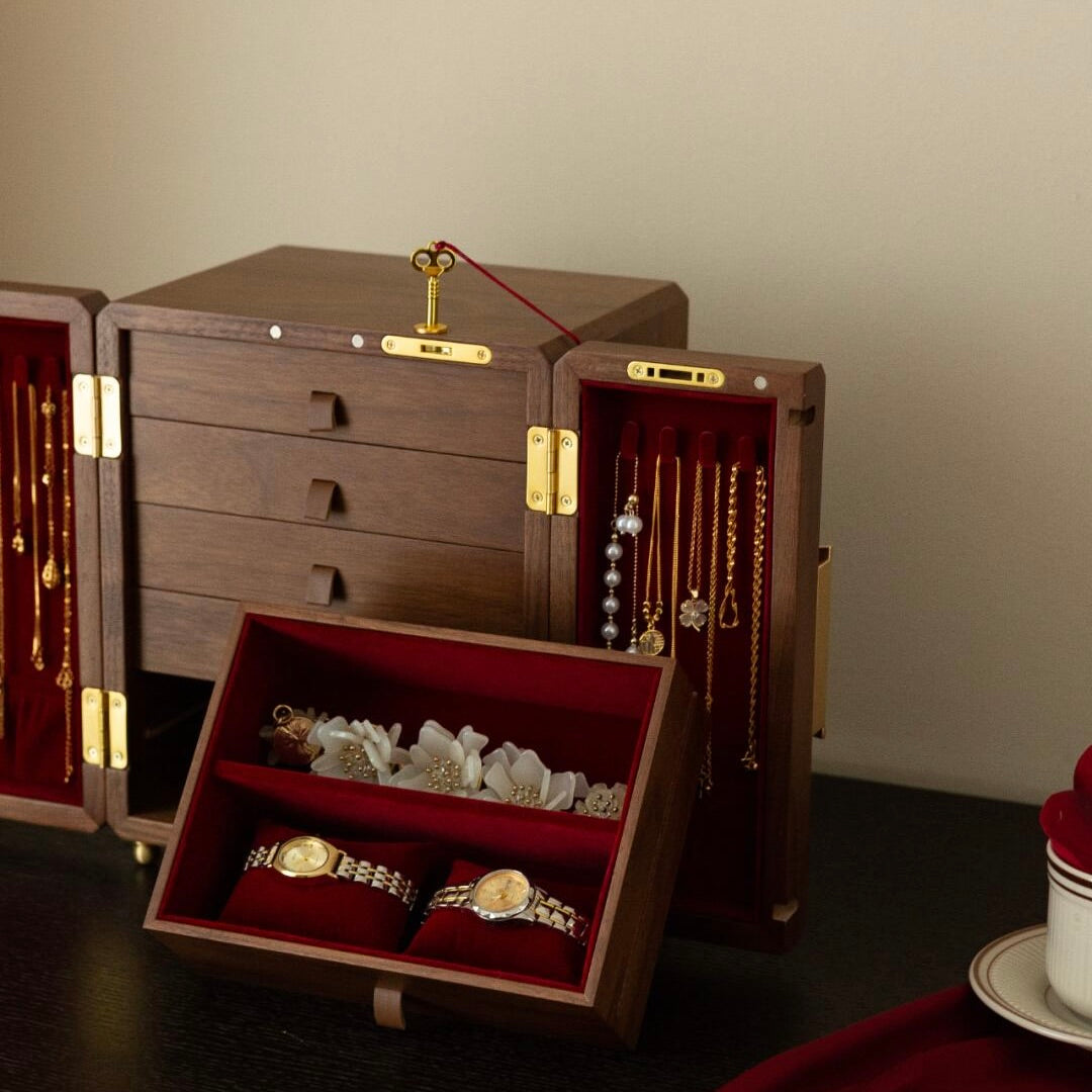 Bridal Heirloom Jewelry Box Interior - Multi-layer ring storage with velvet compartments for wedding keepsakes