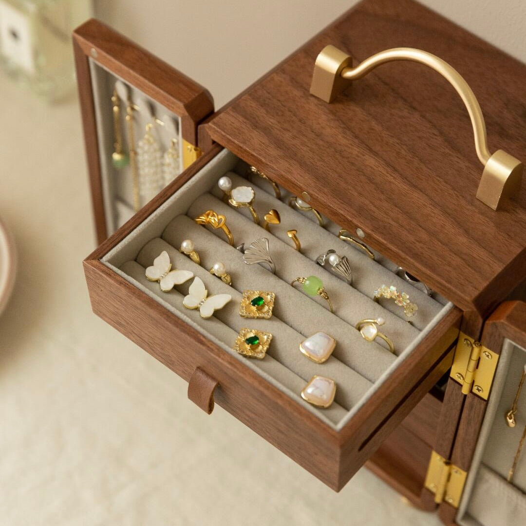 Handheld Jewelry Organizer with Mirror - Compact Travel Design - Premium Quality solid oak construction
