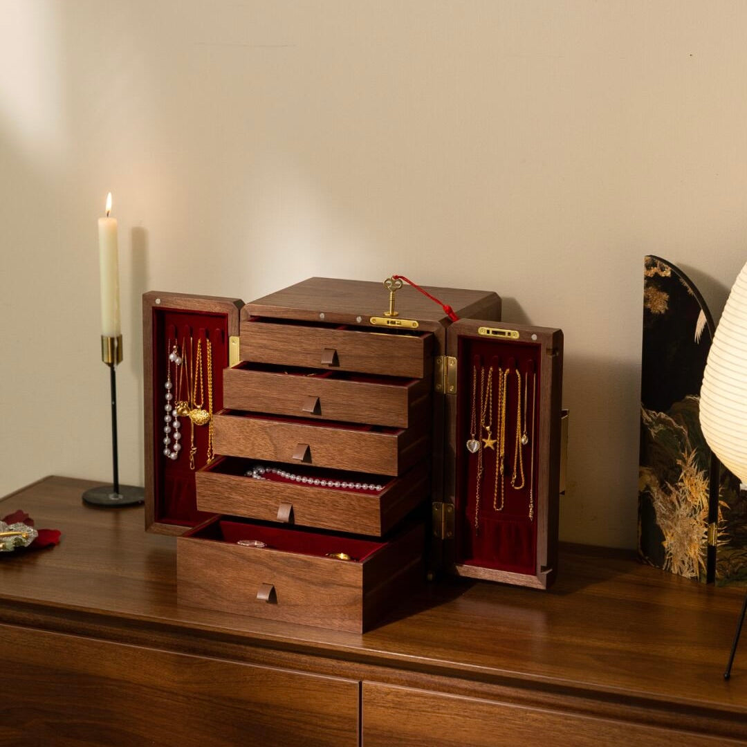 Red Velvet Jewelry Box Interior - Chinese romance design with lucky magpie motif and velvet compartments