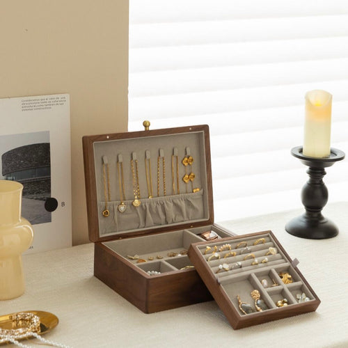 Premium Walnut Wood Jewelry Box with Brass Accents - Anti Tangle Design with custom engraving option
