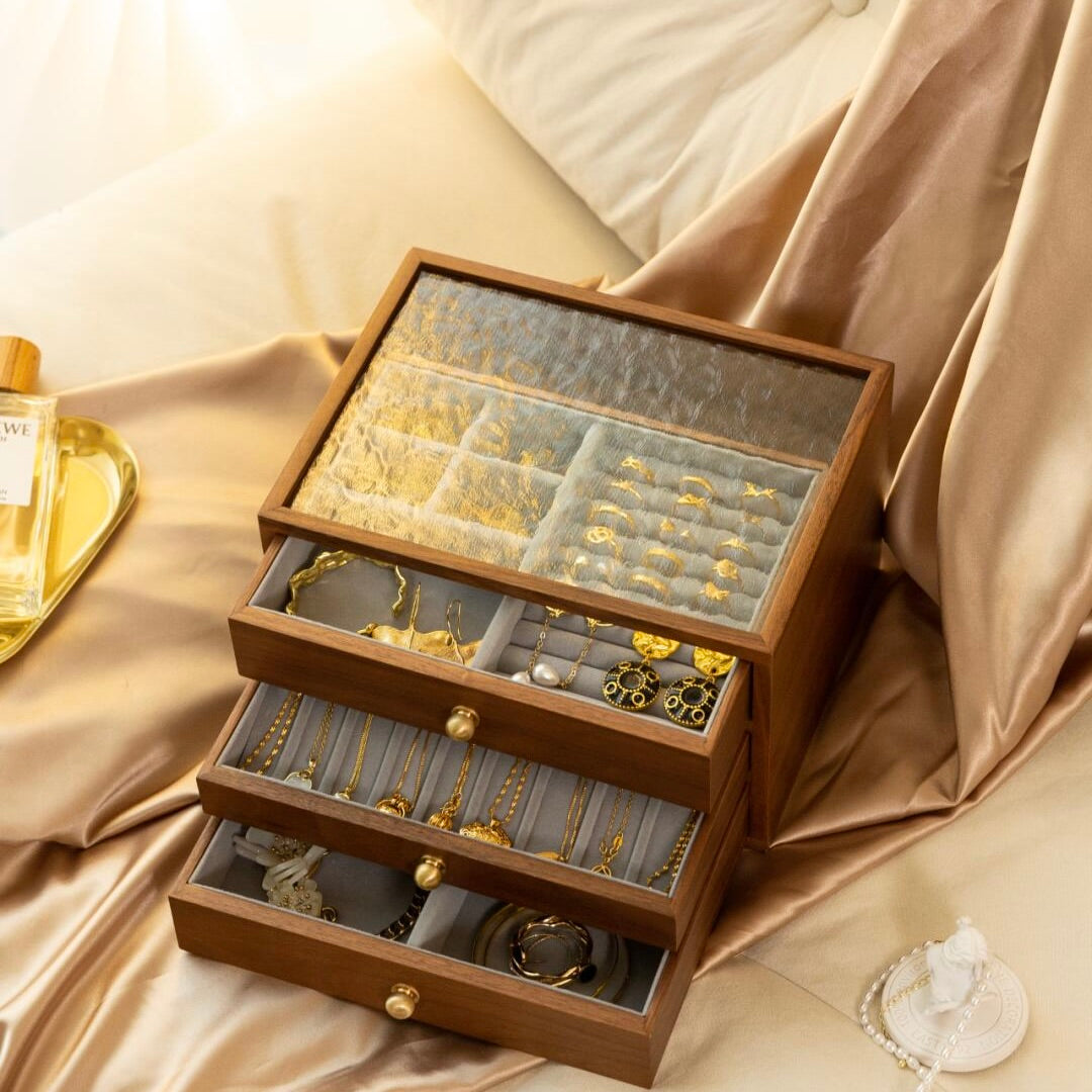 Solid Oak Wood Jewelry Box with Rippled Glass Design - Elegant Organization for heirloom jewelry collection