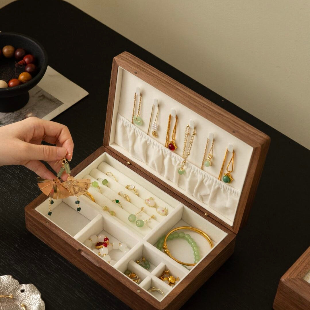 Luxury Solid Wood Jewelry Box Interior - Velvet lined compartments with Eastern art embroidery details