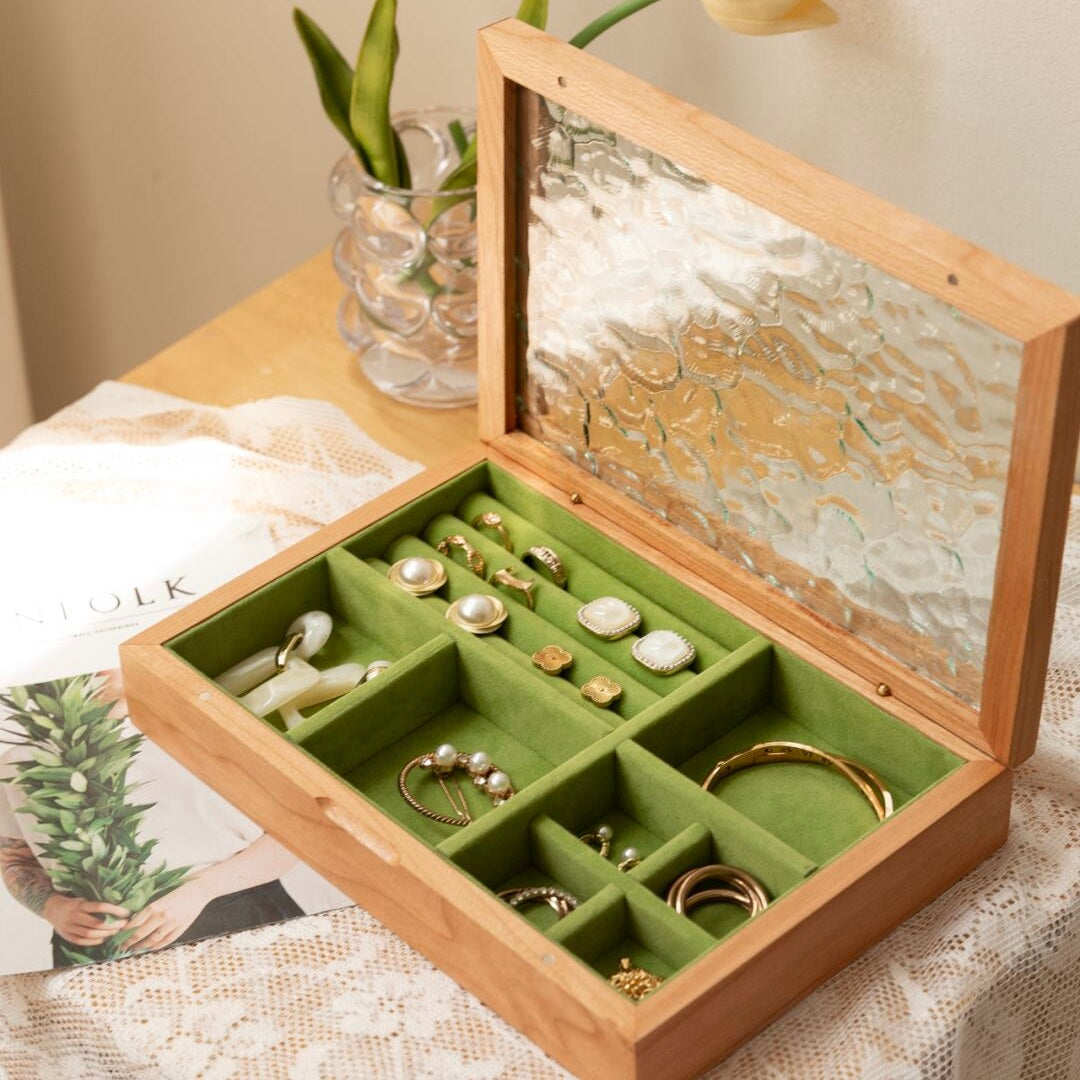 Vintage Cherry Wood Jewelry Organizer - Emerald velvet interior compartments for luxury jewelry storage