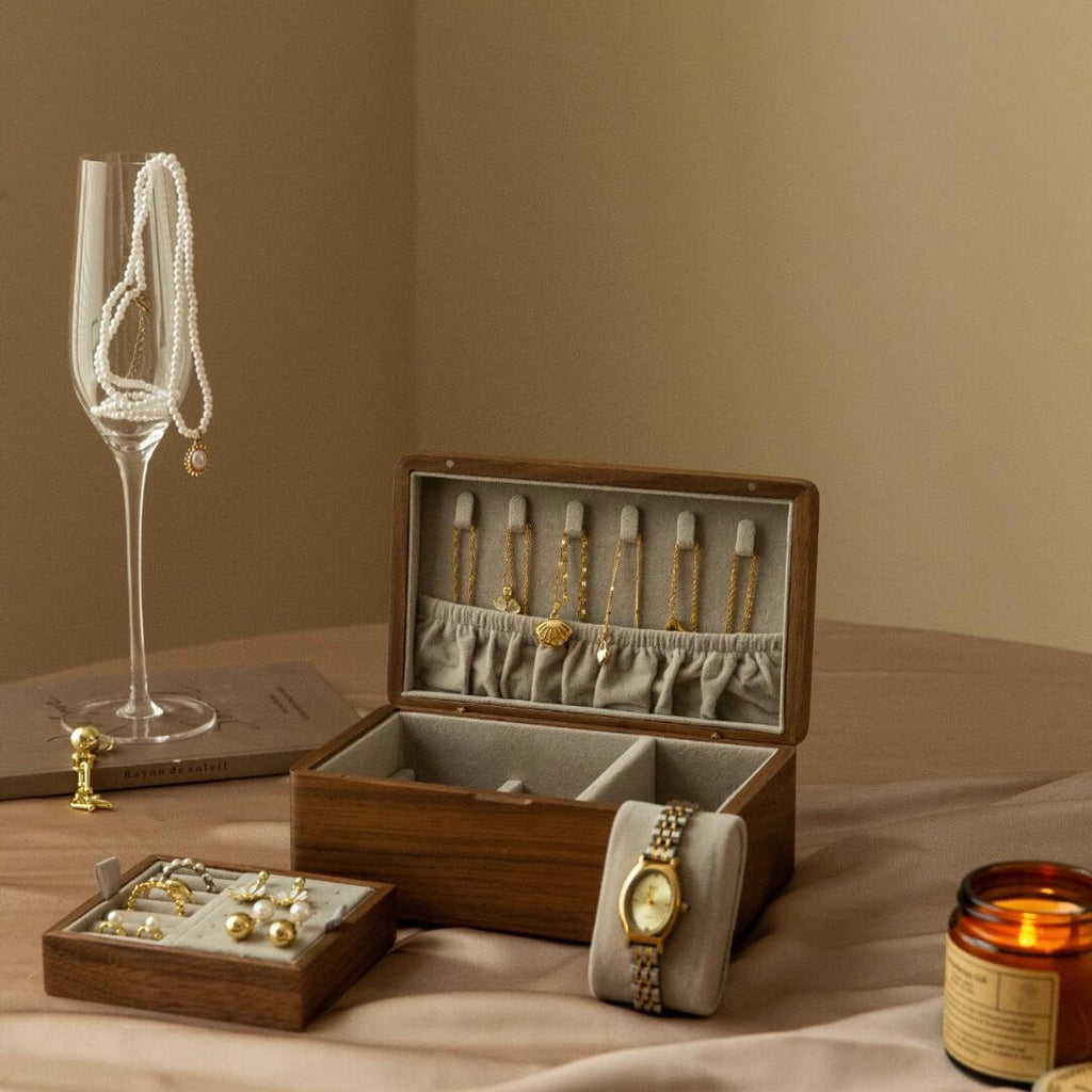 Mini Luxury Jewelry Organizer - Palm Sized Travel Case with Velvet Interior and dual layer storage