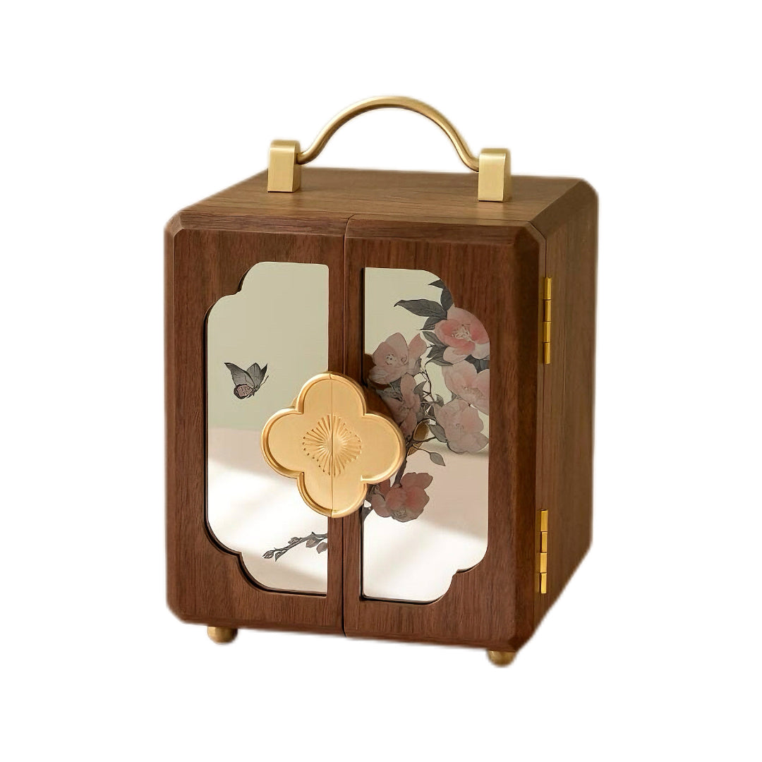 Handheld Double-Door Wooden Jewelry Box with Mirror - Solid Oak Travel Organizer for portable luxury storage