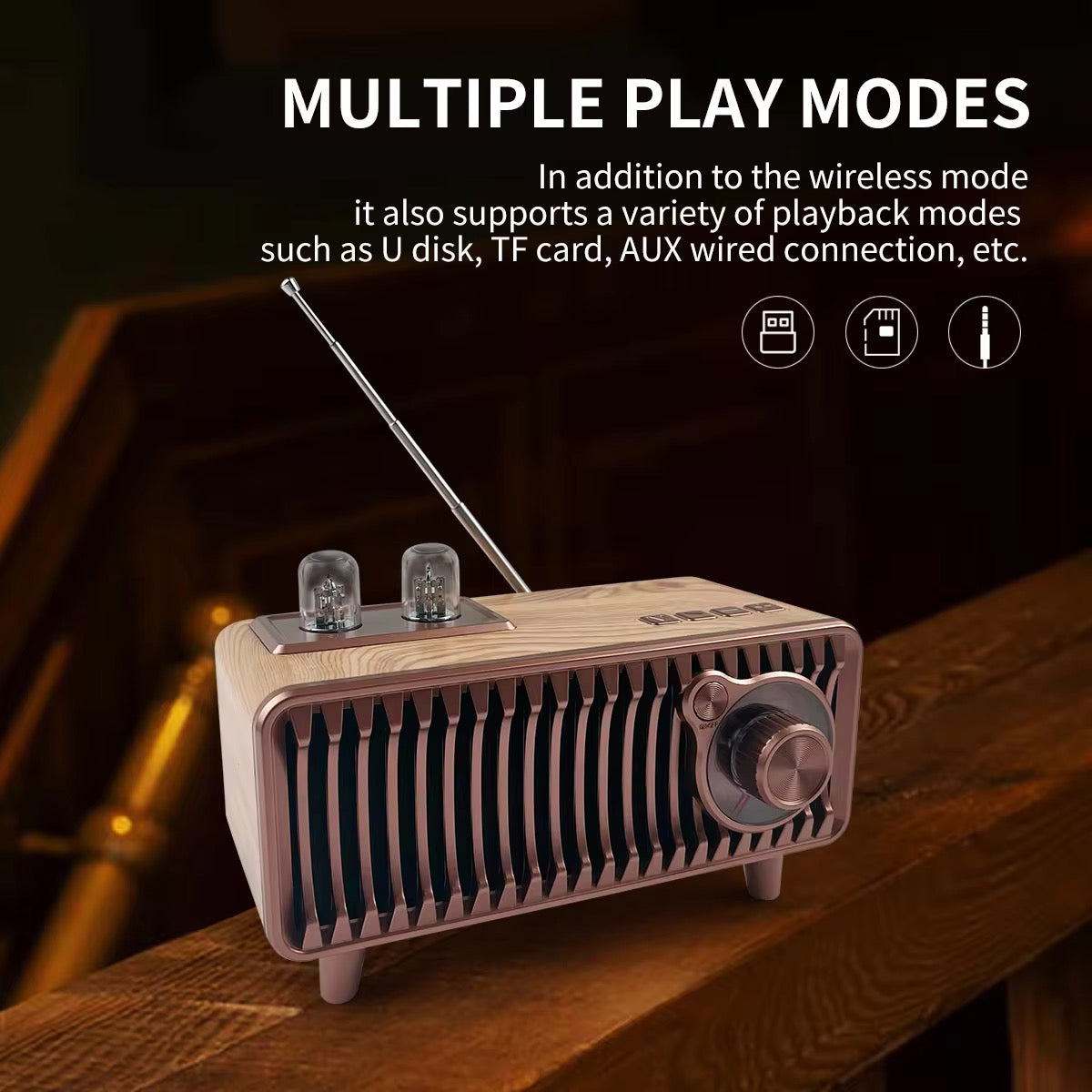 Retro Bluetooth Speaker with Glow-in-Dark Radio Display - Night Mode