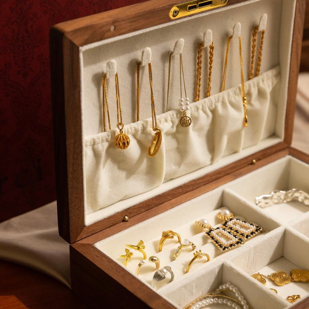 Close-up of magnetic closure mechanism and security lock with key on premium walnut jewelry box