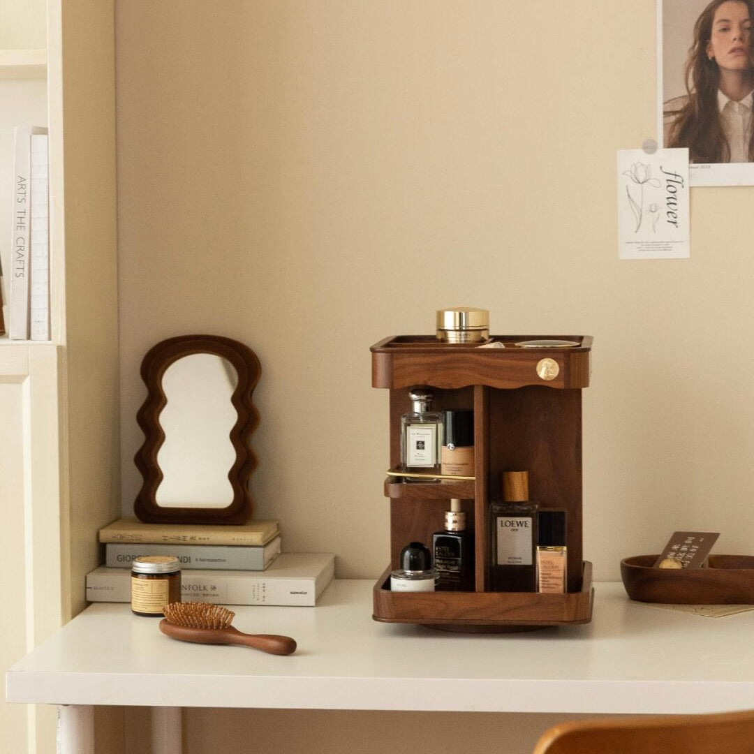 3-Tier Rotating Makeup Organizer with Built-in Mirror - Walnut Wood Design for dorm room storage