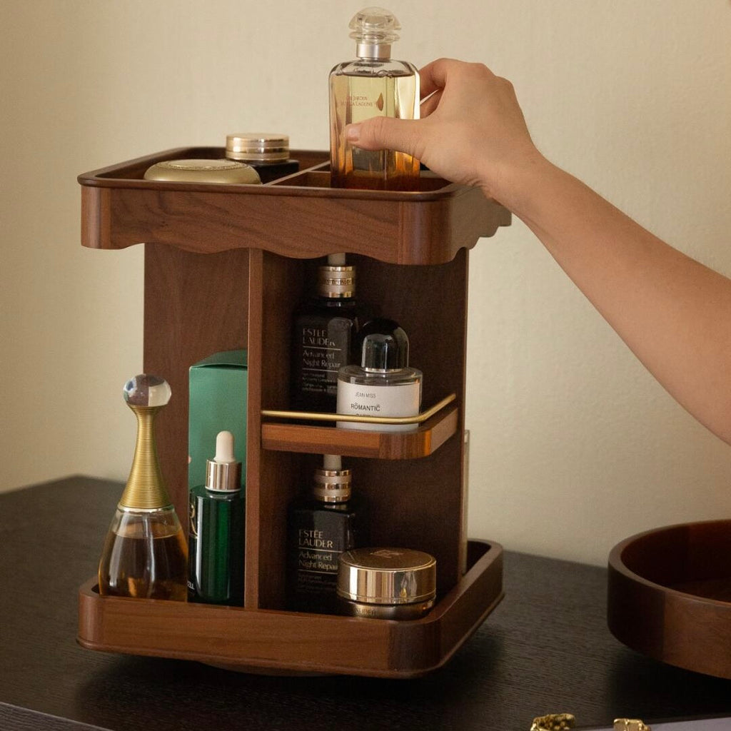 Compact Rotating Cosmetic Storage - Eco-Friendly Walnut Organizer Space Saver for small spaces