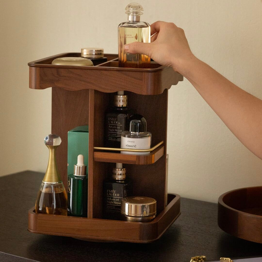 Compact Rotating Cosmetic Storage - Eco-Friendly Walnut Organizer Space Saver for small spaces