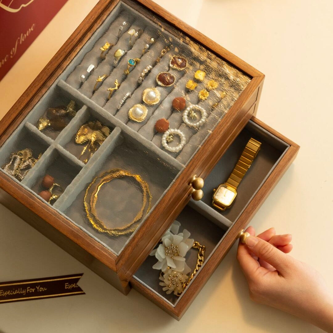 3-Tier Handcrafted Oak Jewelry Organizer - Heirloom Quality with premium wood construction and glass accents
