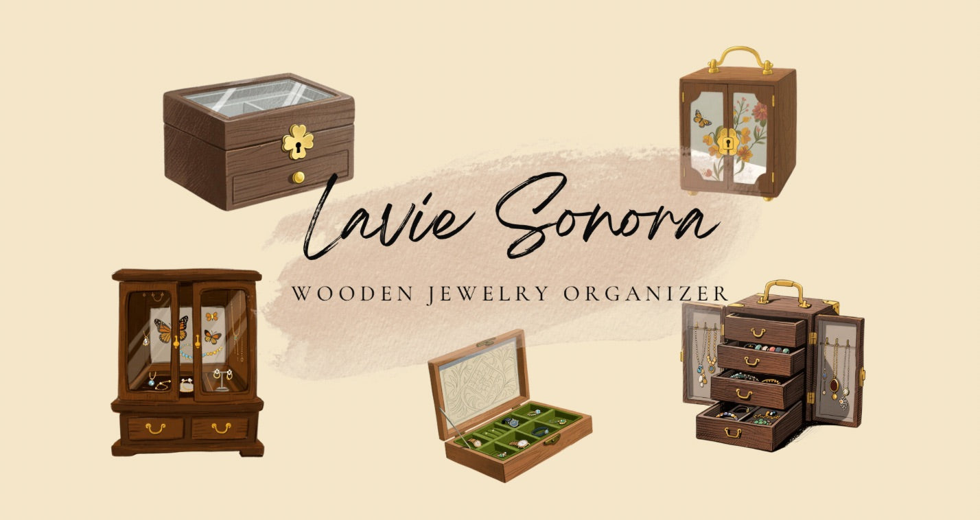 Lavie Sonora brand logo centered with elegant wooden jewelry boxes displayed around it